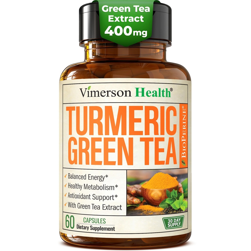 תוסף Turmeric Curcumin עם תמצית תה ירוק (ECGC) ווויטמין C לבריאות משותפת, אנרגיה ו Inflammation Balance - אורגני Tumeric Curcumin עם Black Pepper - Gluten-Free, non-GMO - 60 קפסולות