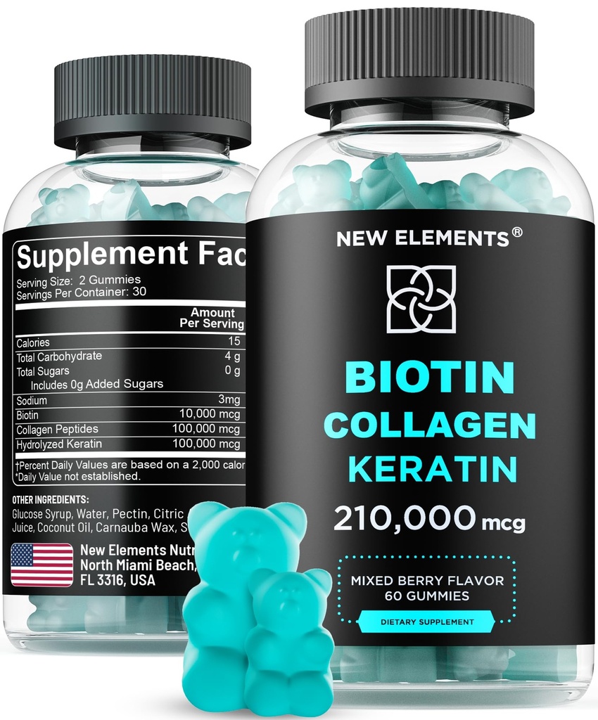 חניכיים ביוטין עם Keratin & Collagen Peptides - תוספת מתקדמת לטיפול שיער עבור גברים ונשים שיער שיער עור וציפור ויטמינים - ביוטין 10000mcg | Keratin 100000mcg | Collagen 100000mcgg