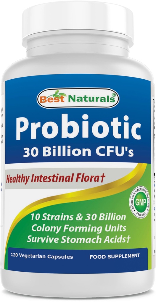 Best Naturals Probiotic 10 Strains & 30 מיליארד CFU Intestinal פלורה, 120 קפסולות Veggie - Shelf Stable Probiotic (446365)