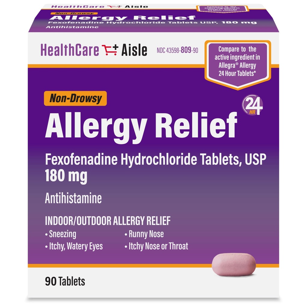 HealthCareAisle Allergy Relief - Fexofenadine hydrochloride Tablet USP, 180 מ"ג, 90 טבליות, Allergy תרופות, non-Drowsy 24Hour Relief