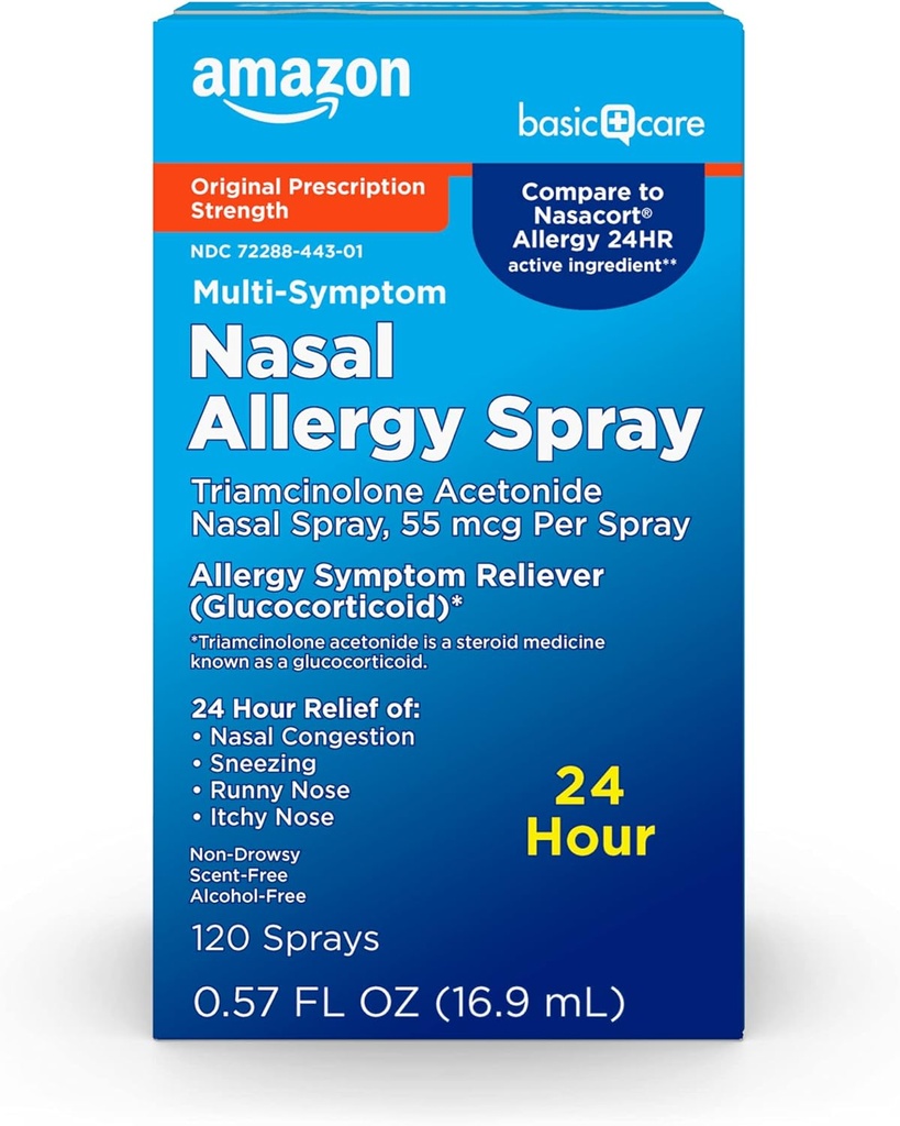 טיפול בסיסי 24 Hour Allergy Nasal Spray, Triamcinolone Acetonide 55 mcg לרסס, Allergy Medicine, non-Drowsy, 0.57 floz (Pack of 1)