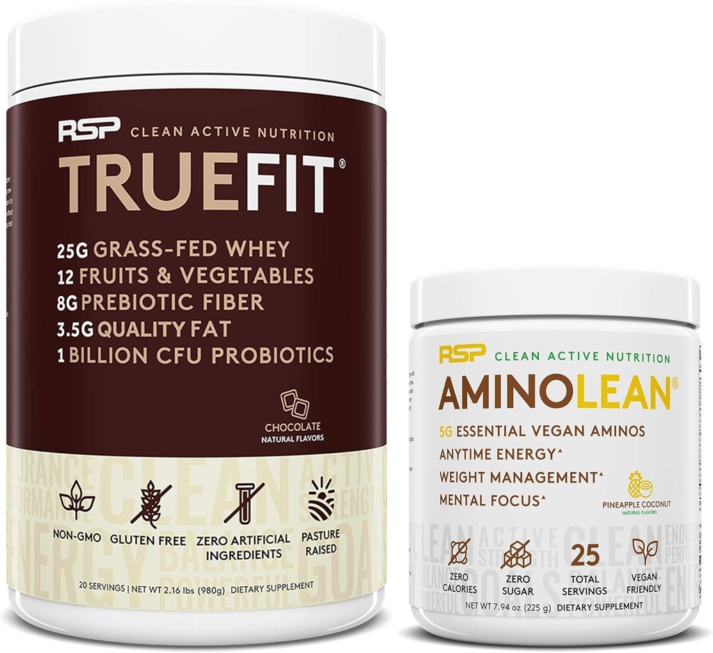 RSP NUTRITION טבעוני AminoLean Pre Workout אנרגיה (Pineapple קוקוס 25 משרתים) עם אבקת חלבון TrueFit (Choate 2 LB)