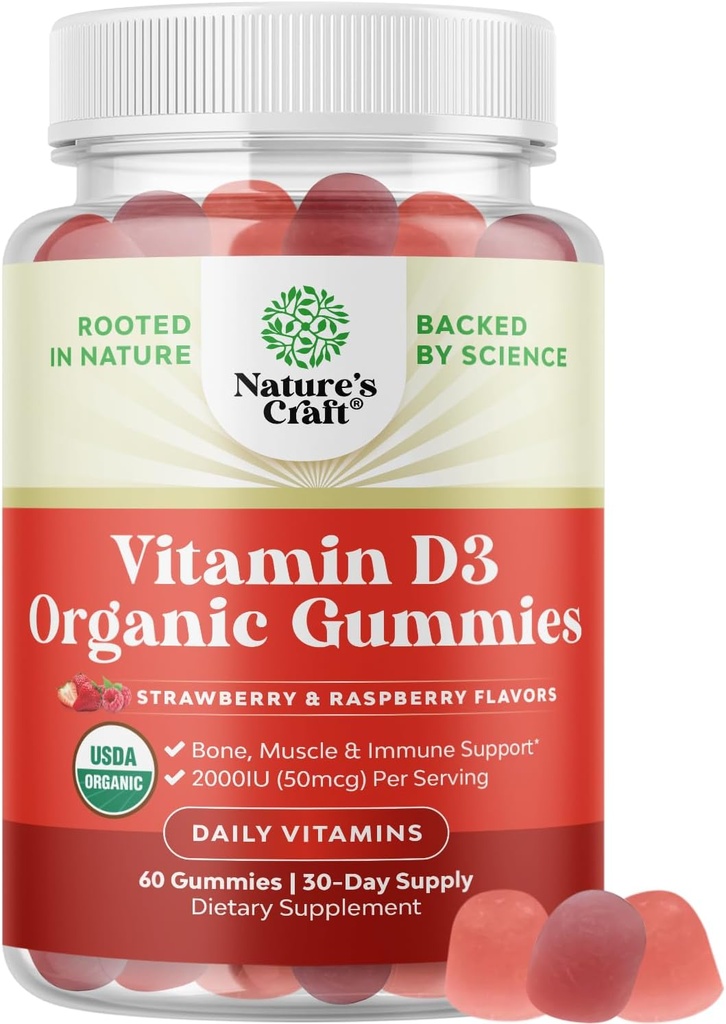 Organic Vitamin D3 Gummies for Women & Men - Vitamin D Gummies 2000IU per Serving for Bone Health, Muscles & Immune Support - Non-GMO Supplement for Adults - Gelatin & Gluten Free - 60 Gums