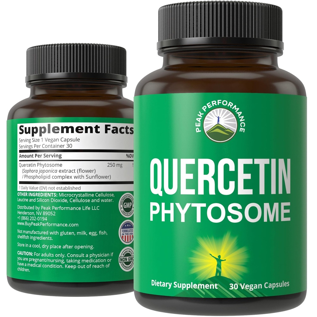 Peak Performance Ultra Pure Quercetin Phytosome טבעוני קפסולות - Rich Sophora Japonica Extract for Max Absorption Now. Quercetin 250 מ"ג תוספי קפסולות. מיוצר בארה"ב