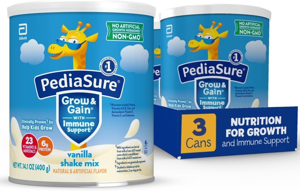 PediaSure Grow & Get with Immune Support Shake Mix, 23 ויטמינים ומינרלים, 6g חלבון, non-GMO, Gluten-Free, Vanilla, 14.1 oz Can, Pack of 3-24 מנות
