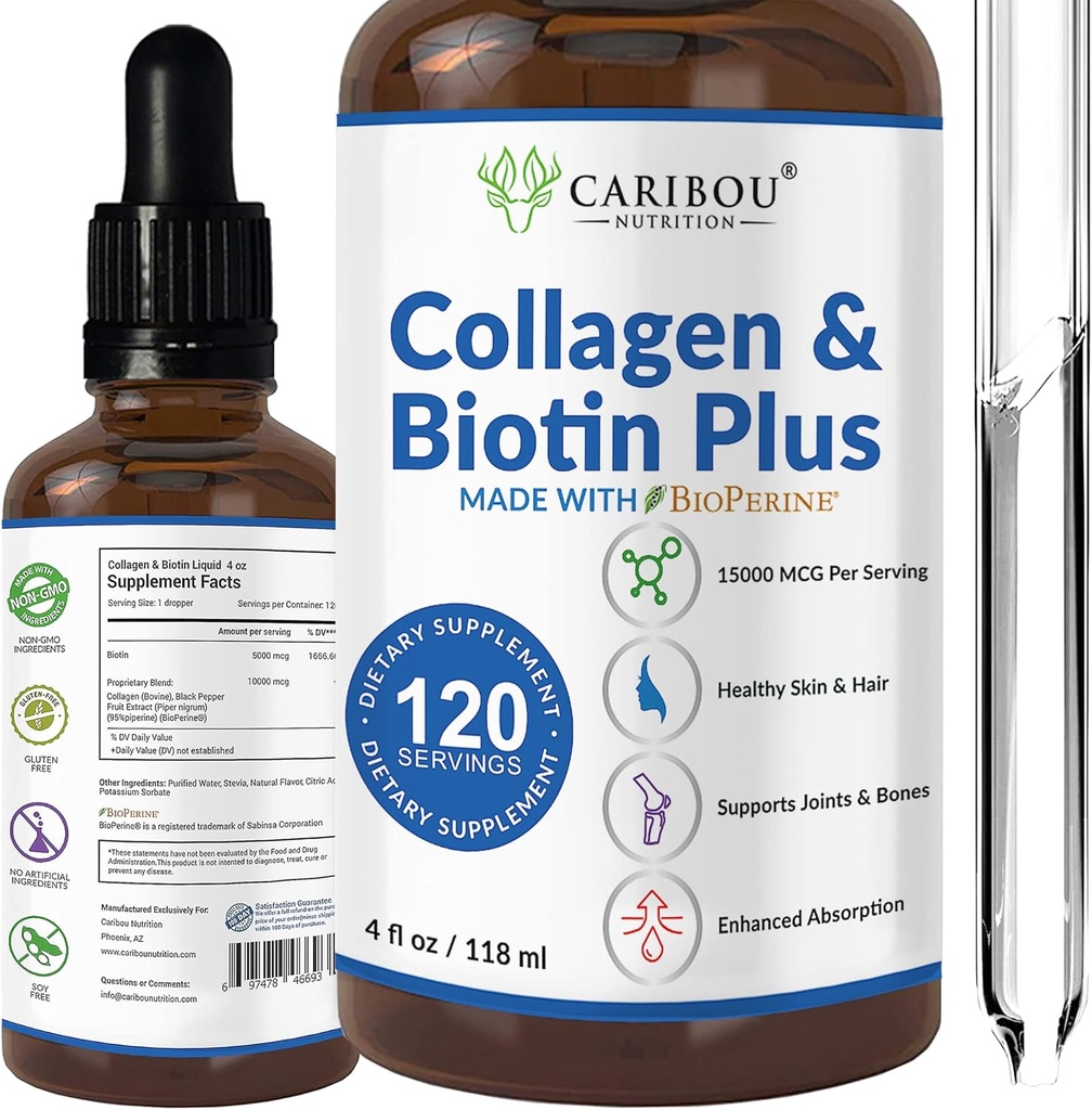 נוזל Collagen & נוזל biotin עם bioPerine for Enhanced Absorption - 10000mcg Collagen נוזל נוזלי ו 5000mcg biotin נוזל קולאזן עבור נשים -4 חודשים אספקה של ביוטין ותוספים Collagen
