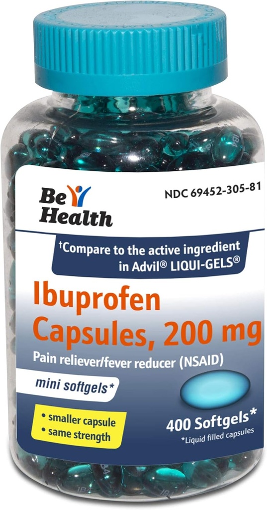 Be Health Mini Ibuprofen 200 Mg Softgels, Pain Reliever / Fever מופחת, Made in USA, 400 Count