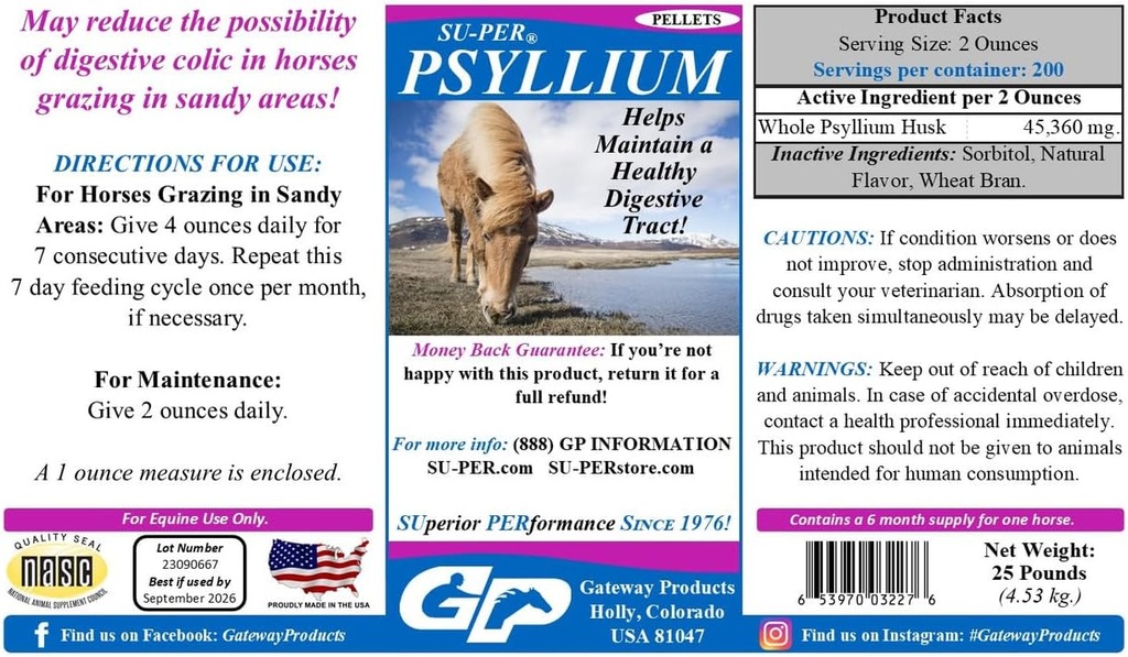 SU-PER Psyllium Pellets Equine תוסף - שומר על טריקט בריא בסוסים - תומך הסרת חול ו Dirt מ intestinal Tract - 25 פאונד, 6 חודשים אספקה