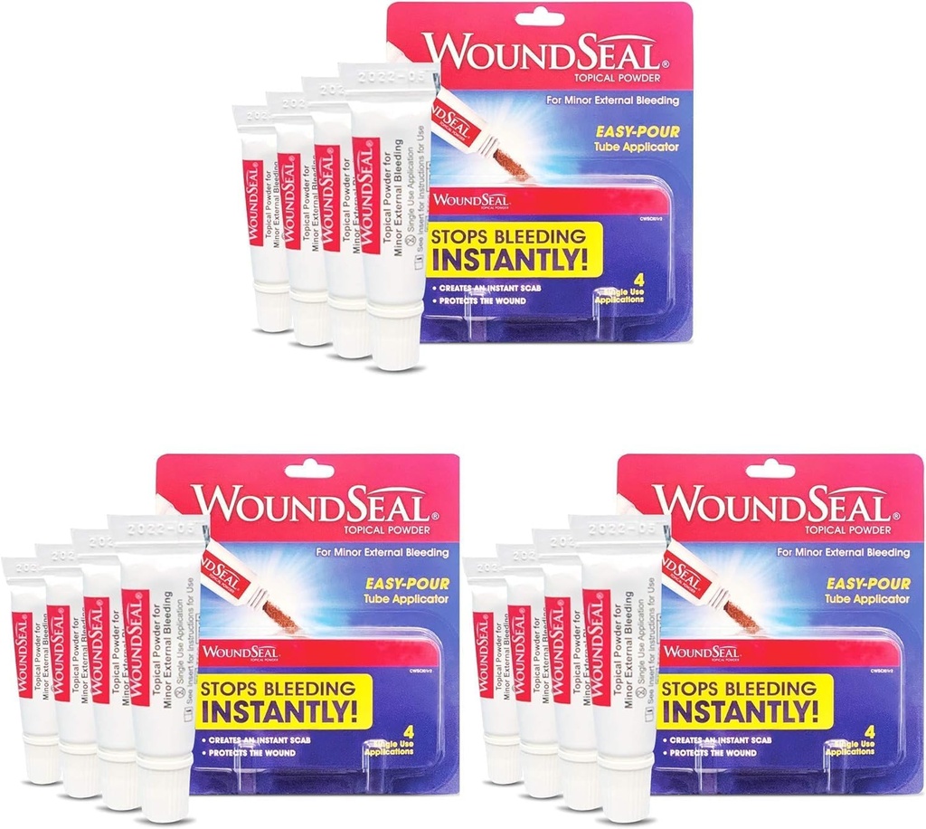 אבקת WoundSeal 4 כל אחד (Pack of 3) - Wound Care First Aid for Cuts, Scraps and Abrasions - Stops Bleeding in Seconds Without Stitches or Bandages - בטוח ויעיל עבור אנשים של כל הגילאים, חיות מחמד