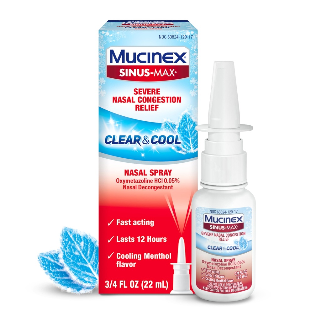 Mucinex Sinus-Max Nasal Spray Decongestant, 12 Hour Over-The-Counter תרופות Nose Spray for Sinus Relief, Nasal Decongestants for Adults & Sinus Voyageestion, Cooling Menthol, 0.75 Fl Oz