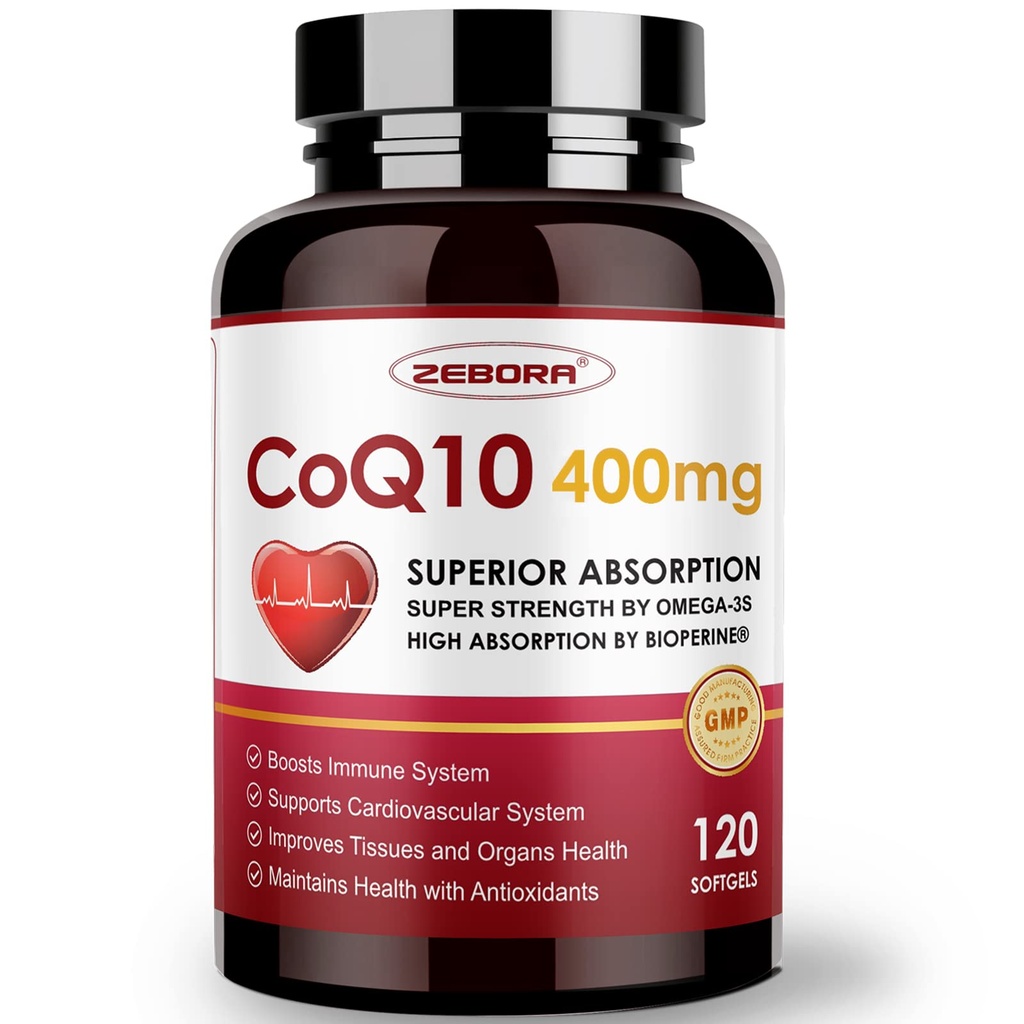 ZEBORA CoQ10-400mg-Softgels עם PQQQQ, BioPerine & אומגה 3, Coenzyme Q10(Ubiquinone) תוסף עבור High-Absorption, Powerful-Antioxidant, תומך Heart & Energy Production, 120 משרתות