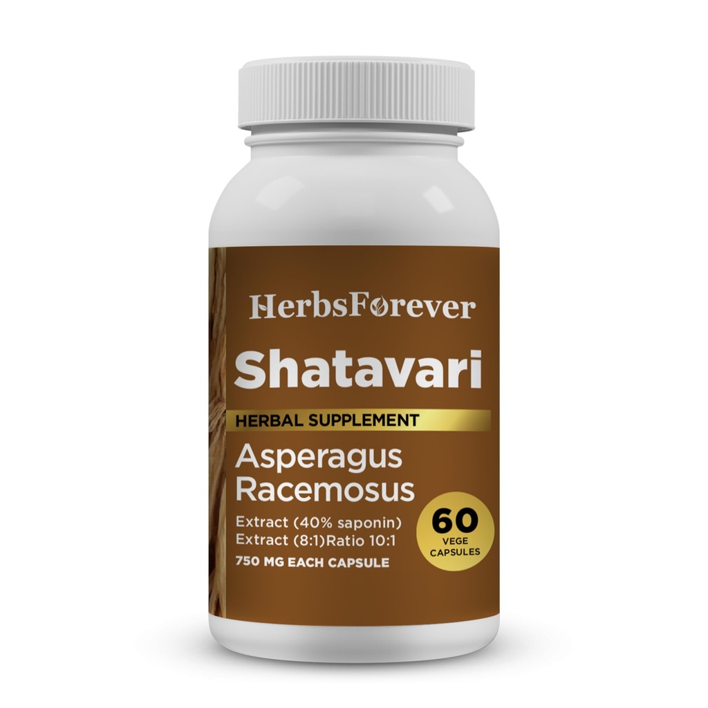 Herbsforever Shatavari כמוסות Premium Asparagus Racemosus תוסף 40% Saponins 750 מ"ג High-Potency Formula - 60 קפסולות צמחוניות צמחיות Herbal Wellness & Balance Support Non-GMO