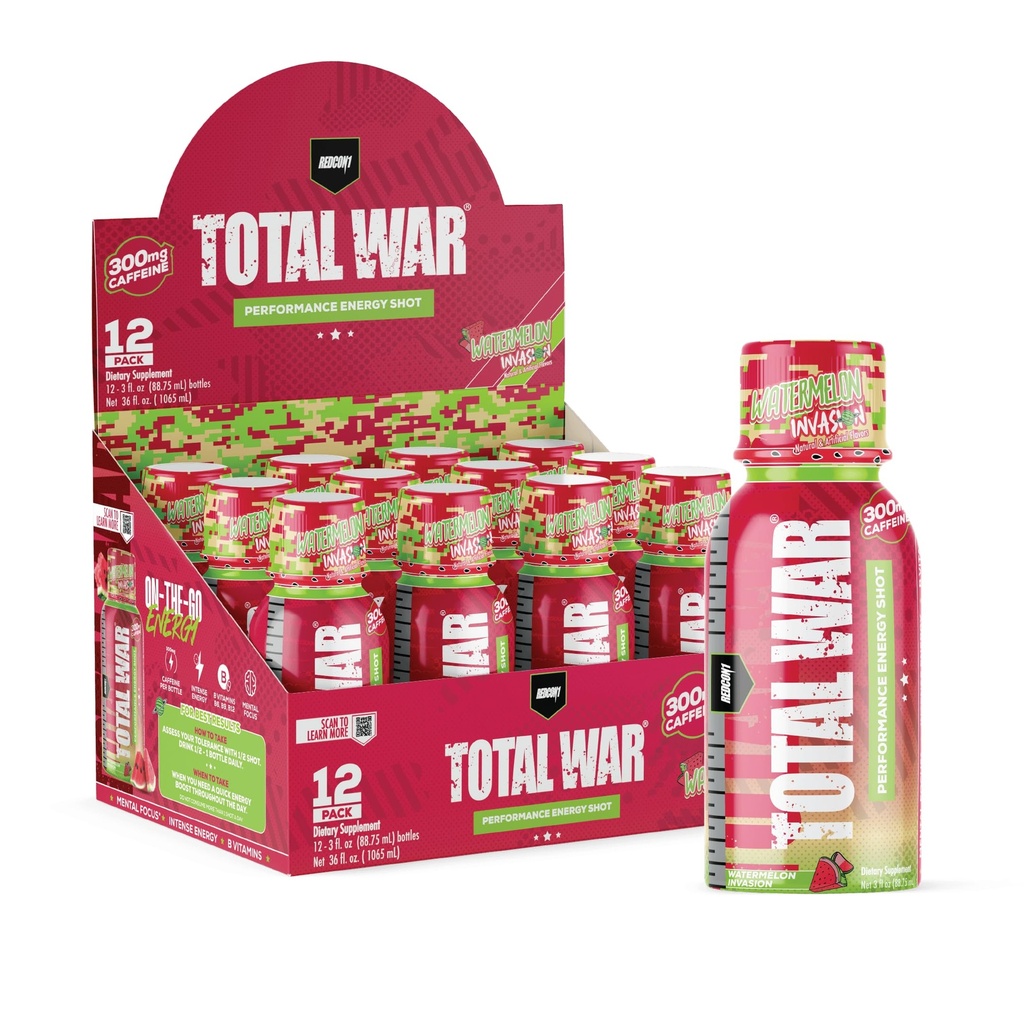 REDCON1 Total War Pre Workout Energy Shots - 300 מ"ג Caffeine Shots with Bוויטמיןs & 0 Sugar - Long-Lasting Energy Shot for Focus Support - Fuel Your Workout or Workday - פלישה למים (12 Count)