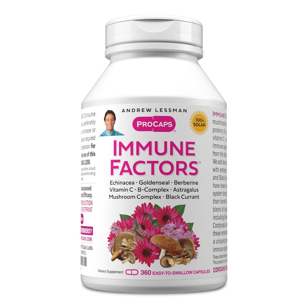 AndREW LESSMAN Immune Factors 360 קפסולות - Echinacea, Goldenseal, ויטמין C, Astragalus, Berberine, Mushroom, Black Currant. תמיכה וקידום מערכת החיסון והגנה טבעית