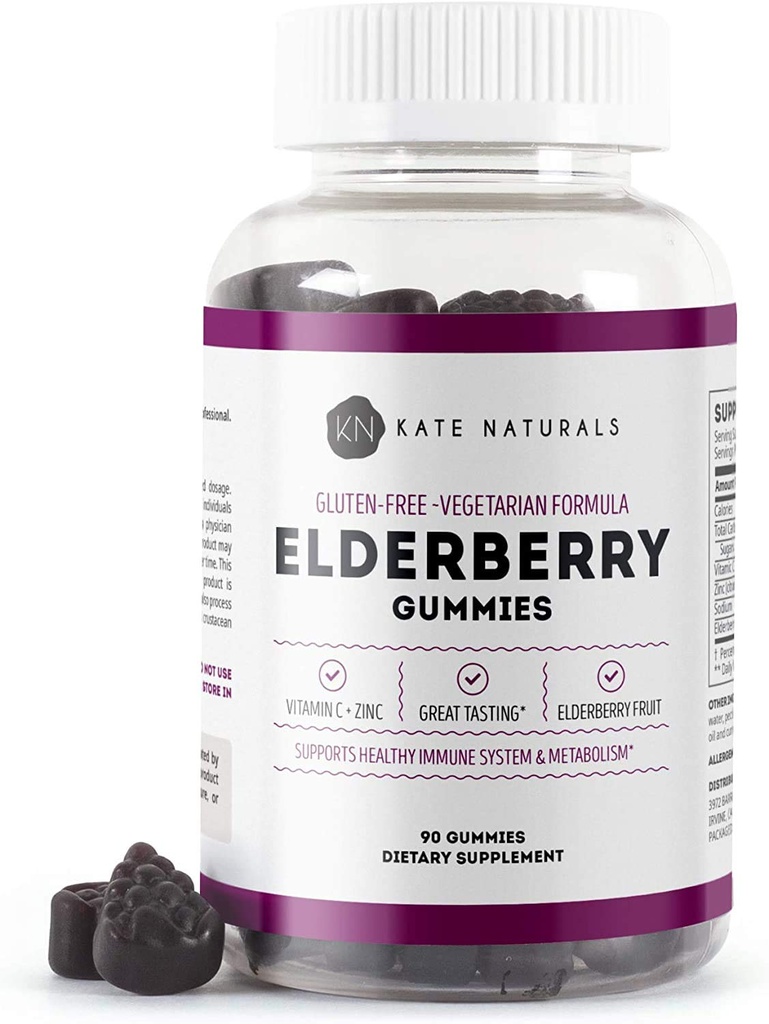 קייט Naturals Elderberry חניכיים עם ויטמין C ו Zinc למבוגרים וילדים. Tasty Sambucus Elderberry Gummies for Immune Support (90 חניכיים, 45 יום אספקה)