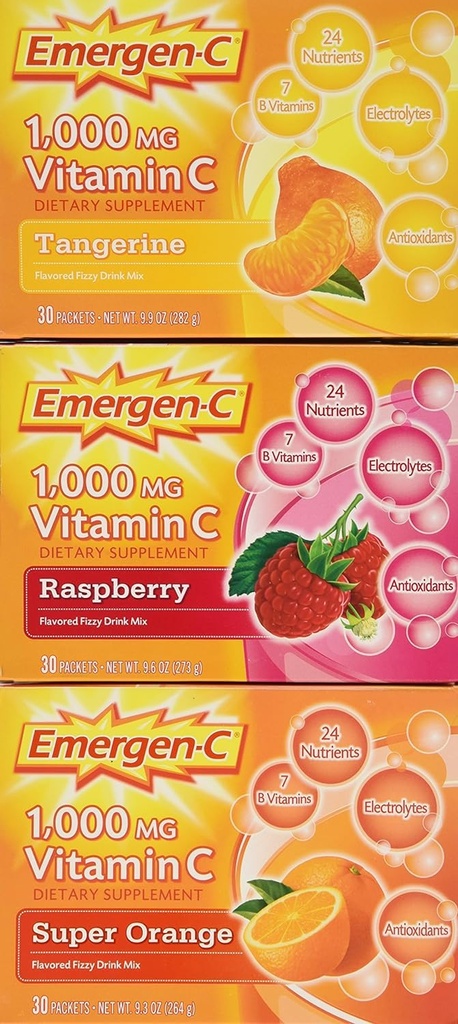 Emergen-C 1000 מ"ג ויטמין C Dietary Sugar Mix, Super Orange/Raspberry/Tropical, 90 Packets, Net Wt. 28.5 oz.