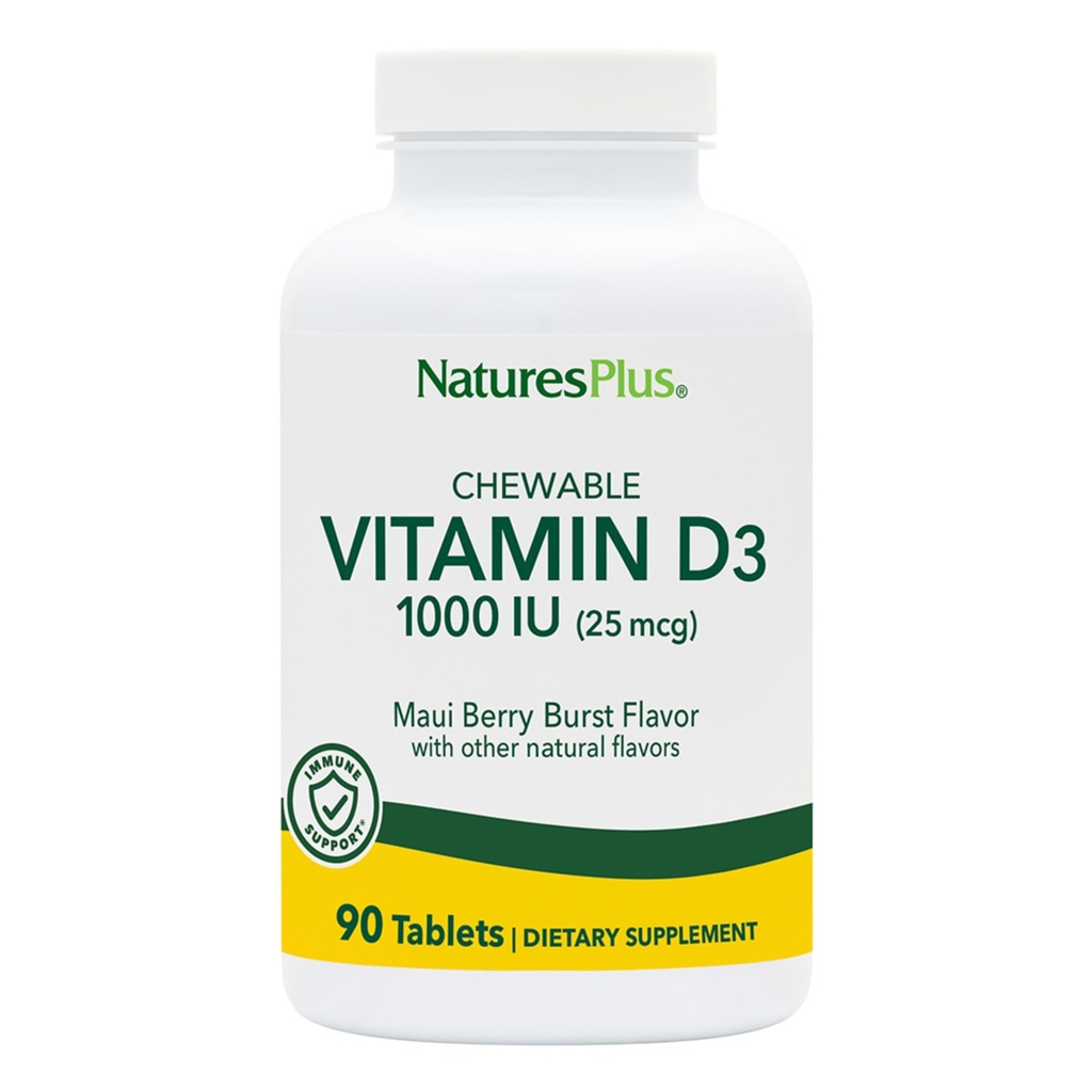 NaturesPlus ויטמין D3 (1000 IU) - 90 טבליות Chewable, Maui Berry Burst Flavor - Vegetarian, Gluten Free - 90 משרתים