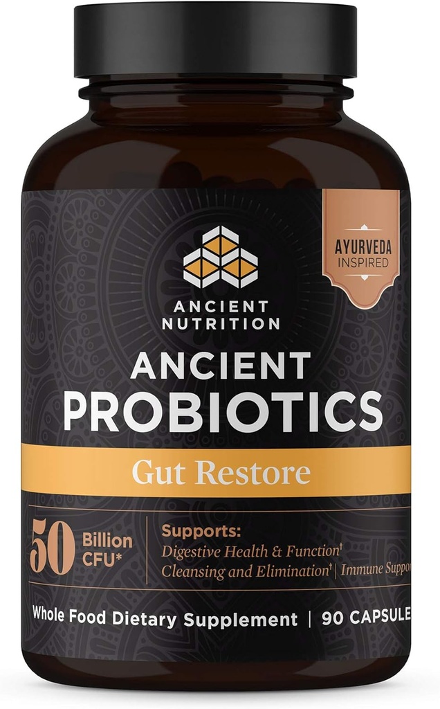 תזונה עתיקה פרוביוטיקה, Gut re 90ct עם ג'ינג'ר ו- Fenugreek, תומך בתפקודים Digestive, מצמצם את Diarrhea, Constipation, Gas and Bloating, Superfoods Band, 50 מיליארד CFUs * / משרת