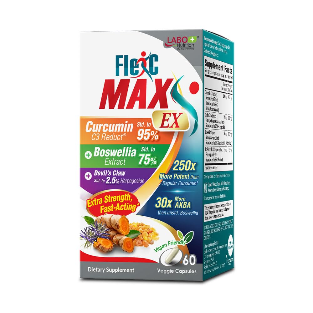 LABO Nutrition FlexC MAX EX עם Turmeric Curcumin C3 Reduct 95% Tetrahydrocurcuminoids, bioperine, Boswellia Extract & Devil's Claw, Antioxidation יעיל, Joint & Body Discomfort הקלה