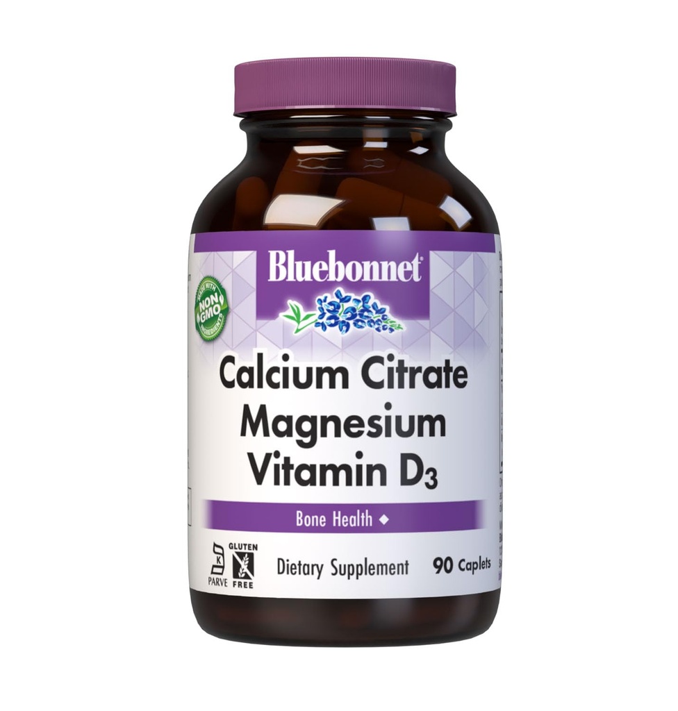 Bluebonnet Nutrition Calcium Citrate Magnesium Plus ויטמין D3 Caplets, בריאות העצם ושרירים להירגע, non GMO, Gluten, Soy & Milk חינם, כשר, לבן, 90 הרוזן