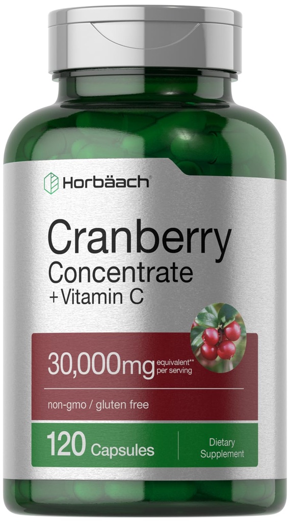 Horbäach Cranberry לחלץ גלולות + ויטמין C | 30,000 מ"ג | 120 קפסולות | Triple Power Ultimate Potency Formula