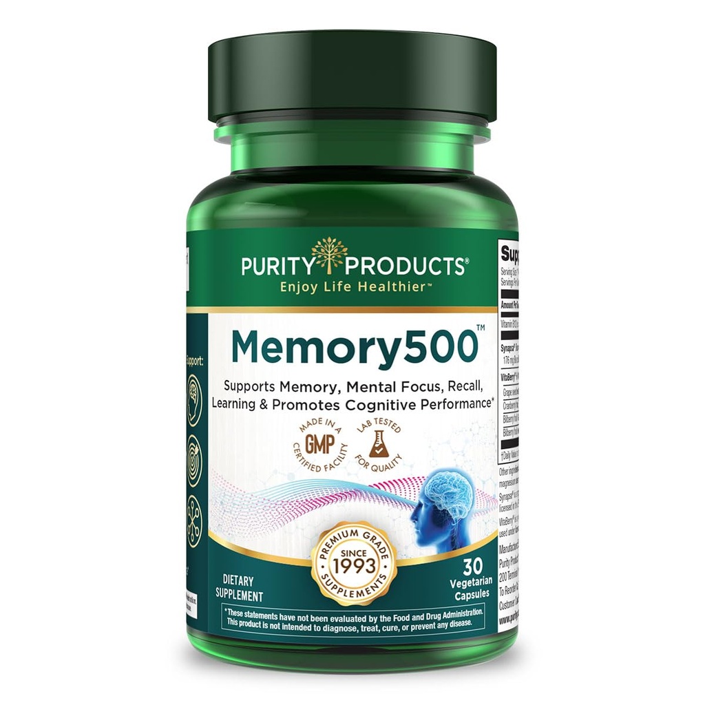 מוצרי Purity Products Memory500 Bacopa monniera / Brahmi Elite Nootropic Complex - תמיכה ביצועים קוגניטיביים Peak *, הגדלת מהירות הלמידה * וזיכרון בריא & Recall * - 30 Vegetarian Caps