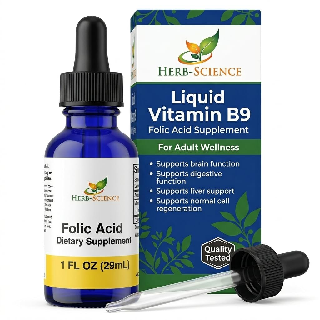 ויטמין נוזלי B9 תוספי חומצה פולית - VIT B טיפות עבור תפקוד המוח & Digestive, Liver תמיכה - Gluten-Free, non-GMO, טבעוני - תוספת תזונה למבוגרים - 1 fl. oz.
