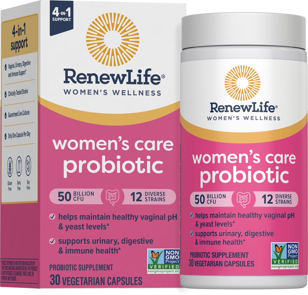 Renew Life Women's Probiotic קפסולות, 50 מיליארד CFU מובטח, תומך pH Balance, Vaginal, Urinary, Digestive ו- Immune Health (2), L. Rhamnosus GG, חלב, סויה ו- Gluten-Free, 30 Count Counte, Urinary, Urinary, Digestive and Immune Health (2), L. Rhamnosus GG