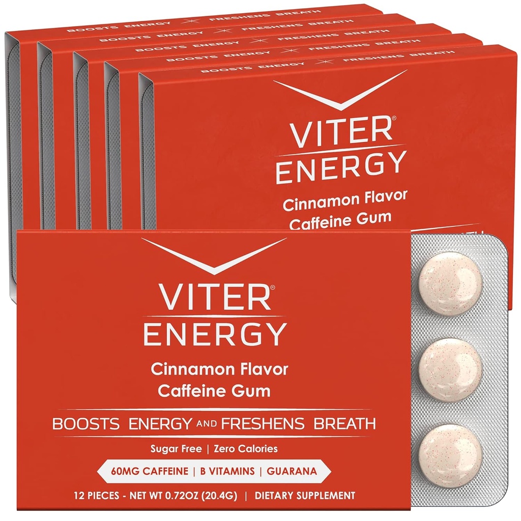Viter Energy Caffeinated Gum 60mg Caffeine, B ויטמינים, Guarana, סוכר חינם (Cinnamon, 12pcs, 6 Pack)