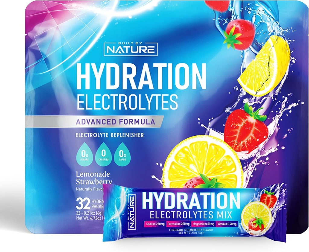 אבקת hydrotion Packets - Recovery Drink Mix with Sodium, Potassium, Magnesium, Calcium, ויטמין C & Zinc - Sugar Free, Keto, Non GMO & טבעוני - Strawberry Lemonade - 32 Stickss