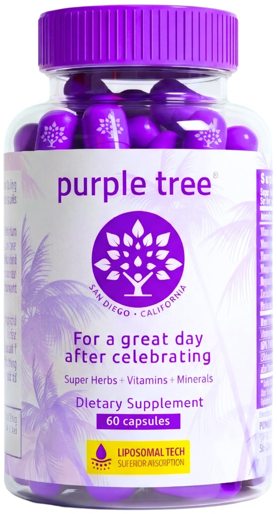 עץ סגול Post-Celebration Wellness תוסף | Liposomal Dihydromyricetin (DHM), L-Glutathione, Milk Thistle for Liver Support & Hydration | אלקטרוליטטס, ויטמין B, Willow Bark | 60 קפסולות
