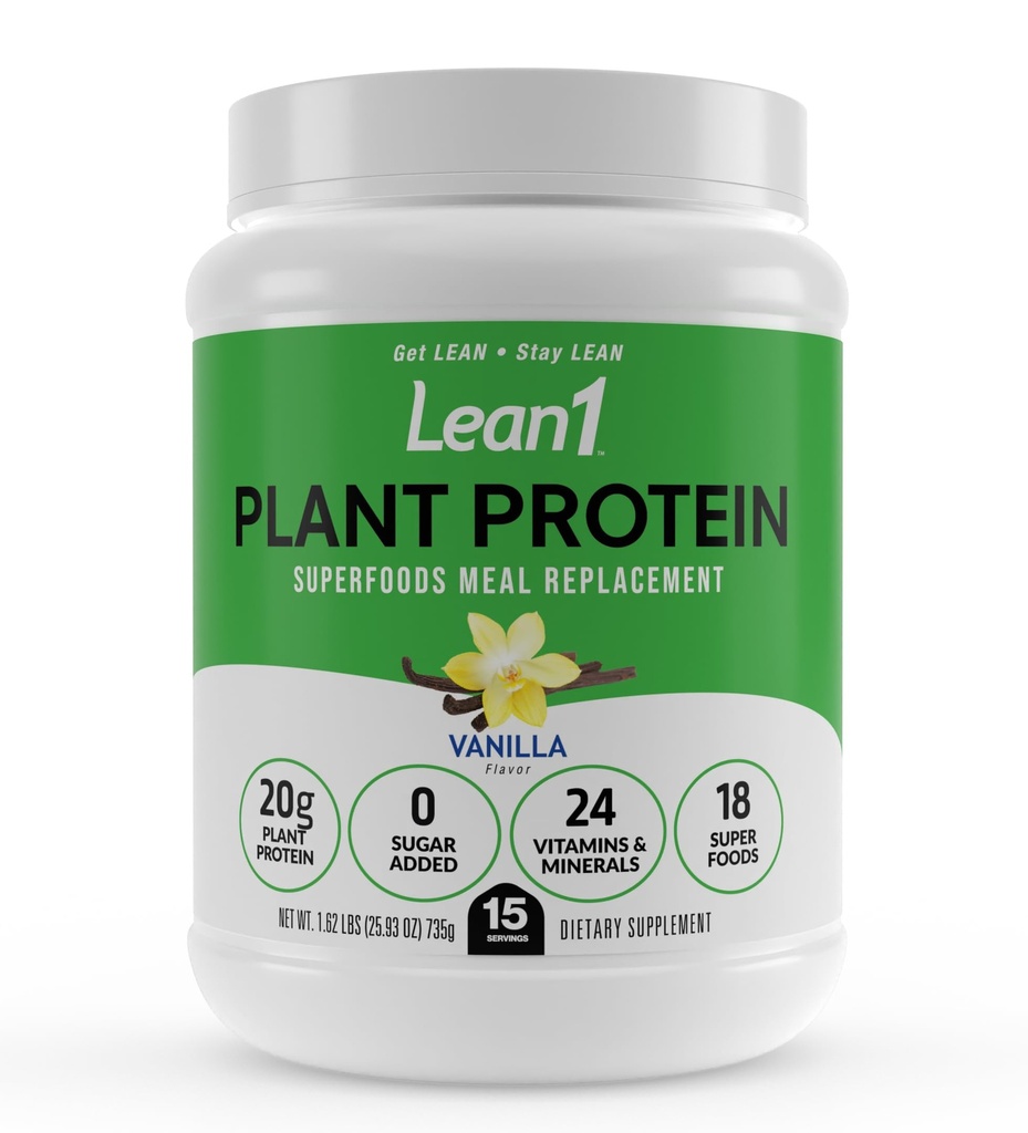 אבקת חלבון צמחי Lean1 צמחי מבוסס, החלפת Meal, Vanilla Flavor, חלבון נקי, 15 משרת