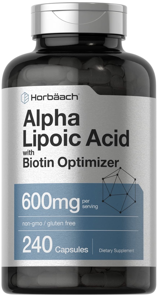 Horbäach Alpha Lipoic Acid 600 מ"ג | 240 קפסולות | עם biotin Optimizer | Non-GMO ו- Gluten Free Supplement