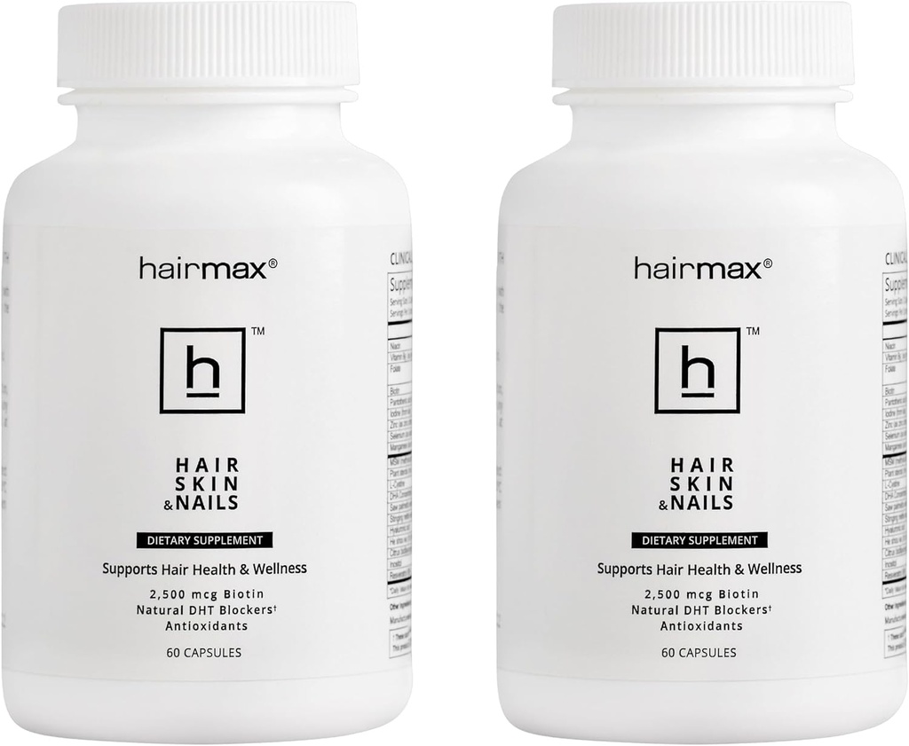 Hairmax for Hair, Skin and Nails Dietary Supplement - נשירת שיער וטיפול שיער לנשים וגברים. מכיל 2,500mcg Biotin, DHT Blocker, MSM & Antioxidants, Pack של 2 בקבוקי בקבוק