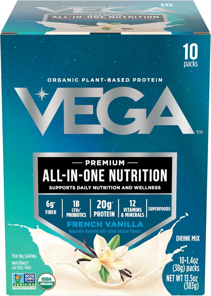 Vega אורגני All-in-One טבעוני אבקת חלבון, וניל צרפתית - Superfood Ingredients, ויטמינים לתמיכה בתחמושת, Keto Friendly, Pea חלבונים לנשים וגברים, 13.5 oz (Packaging May Vary)