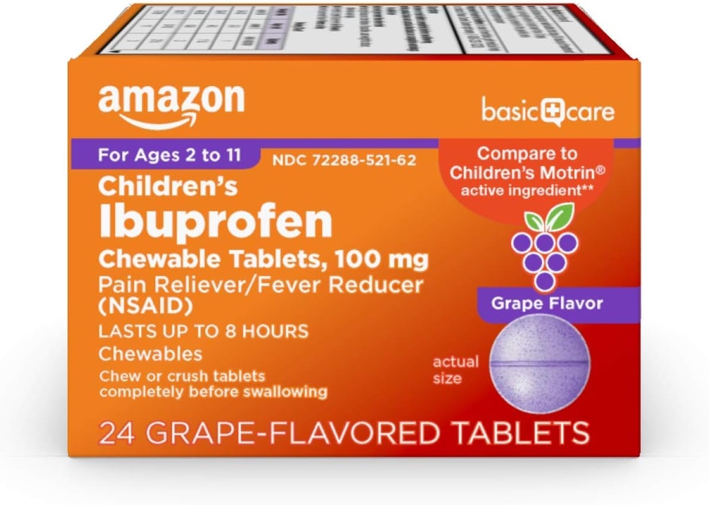 טבליות Ibuprofen Chewable 100 מ"ג, Grape Flavor, Pain Reliever ו- Fever (NSAID), For Sore גרון, Toothache, Headache Relief ועוד, 24 Count