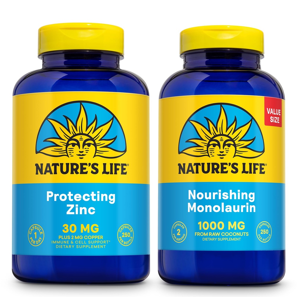 החיים של הטבע Nourishing Monolaurin 1000 מ"ג 250ct ומגן על Zinc Picolinate 30 מ"ג 250ct - Gut Health and Immune Support Supplements - Monolaurin from Raw קוקוסs, Chelated Zinc - 60 ימים ערבות להבטיח