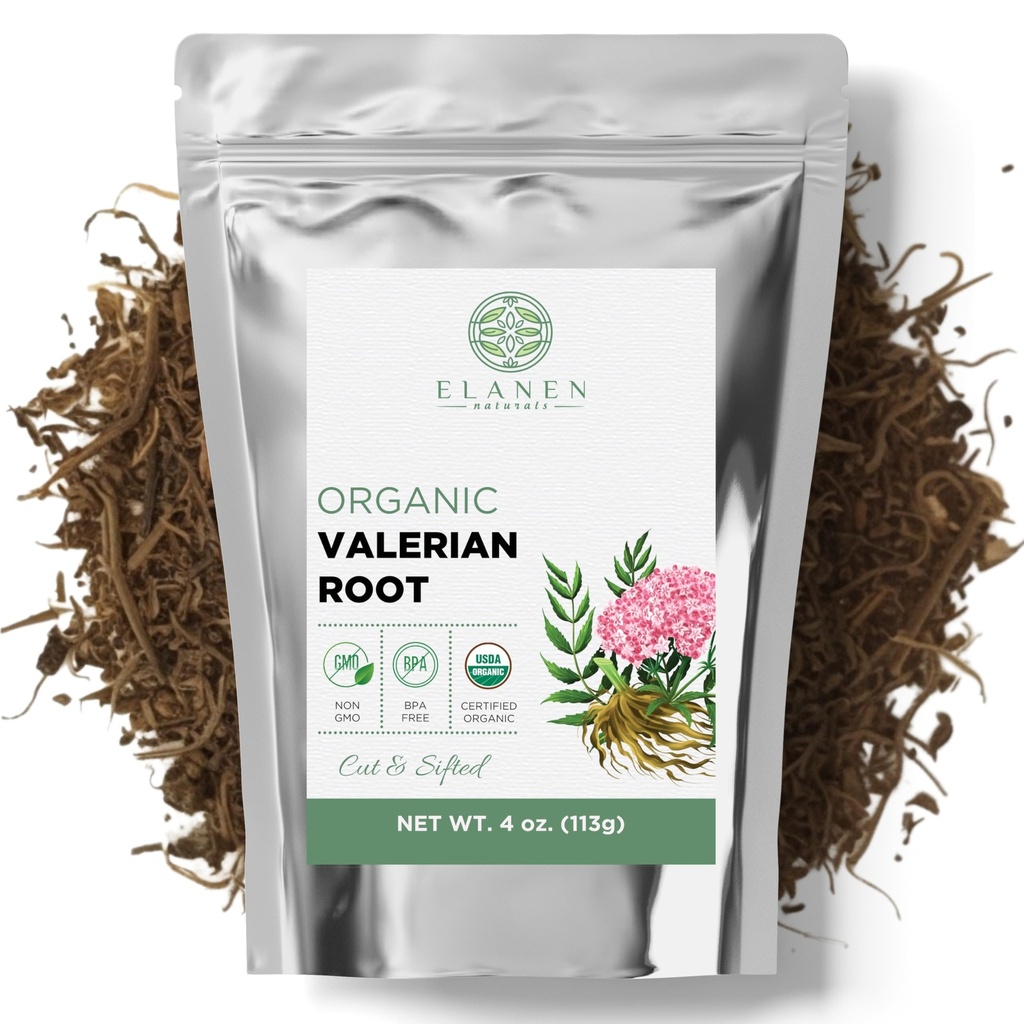 Elanen Naturals אורגני ולריאן Root 4 oz.625g, USDA מוסמך אורגני ולריאן Root Herb Tea, Te de Valentin Para Dorir, Valarian Officinalis Whole oz Leaf, Cut & Sifted