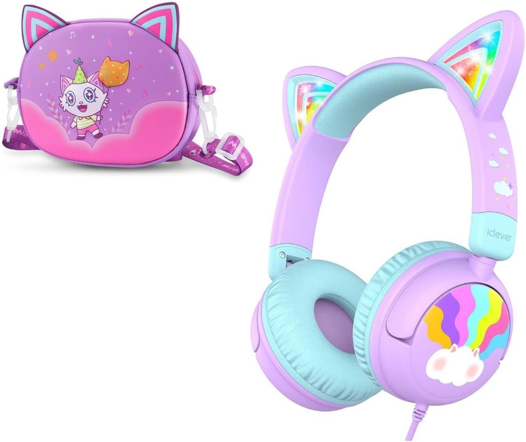 iClever Wired Kids Headphones Cat Meow Lollipop & Headphones Case Bundles