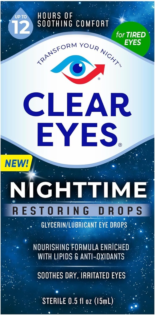 Clear Eyes Nighttime Re אחסן טיפות עיניים, בטוח לשימוש לילה במשך 12 שעות של Soothing נוחות, 0.5 Fl Oz