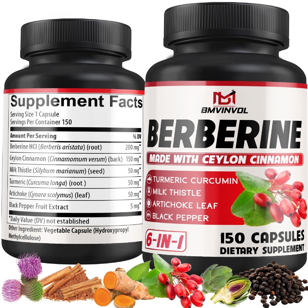 Berberine HCl, 150 קפסולות - Plus Ceylon Cinnamon, Turmeric, Milk Thistle, Artichoke, Black Pepper, Berberine HCI Roots Pills - Immune System