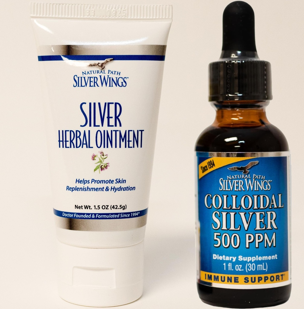 נתיב טבעי שביל Silver Wings תוספי - Colloidal Silver 500 ppm (1 oz / 30 מ"ל) Immune Support Plus Herbal Ointment 250 ppm (1.5 oz)