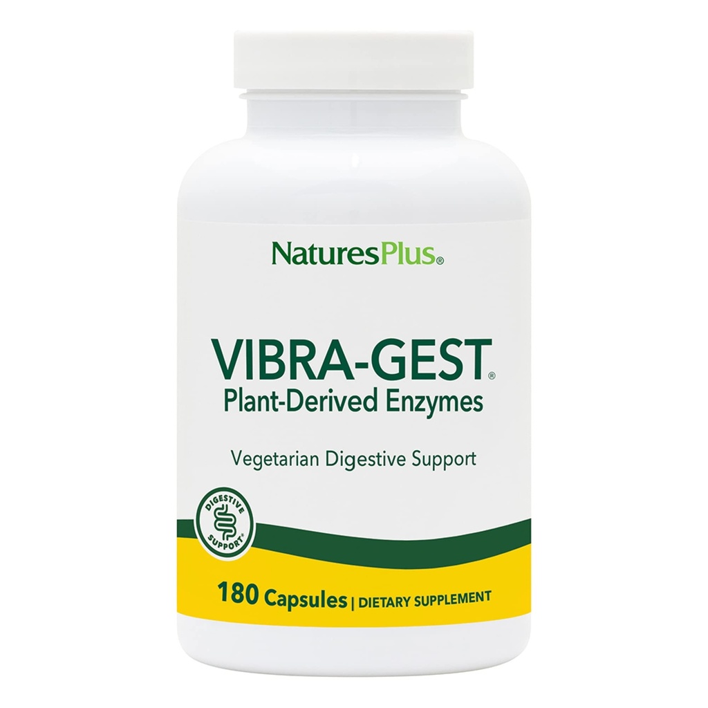 Natures Plus Vibra-Gest - 180 קפסולות - תוספת תמיכה צמחונית עם פרוביוטיקה, Live פירות וירקות Enzymes - Natural Live Cultures - משרתים 180
