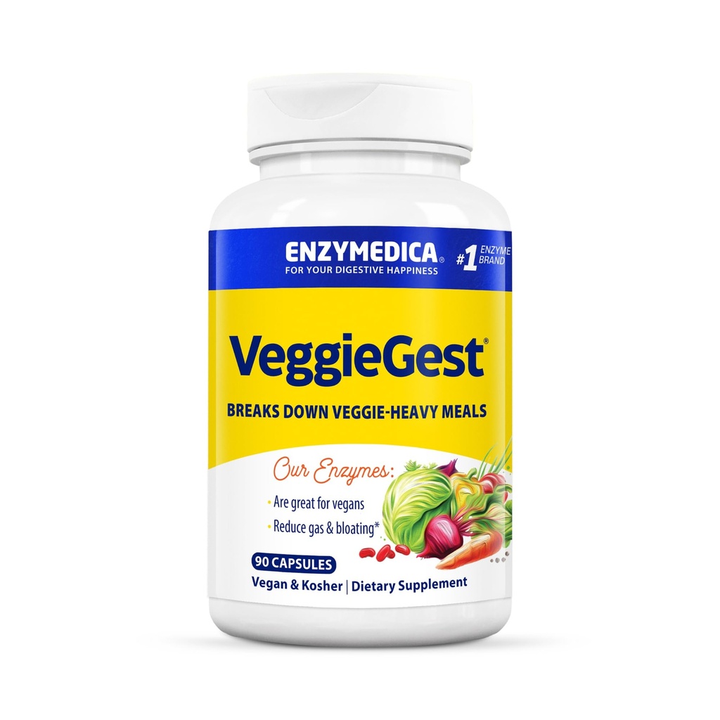 Enzymedica, VeggieGest, Digestive Enzymes, תומך Occasional Gas & Bloating הקלה מ-High סיבים meals, עבור דיאטות טבעוניות וצמחוניות, Enzyme בלגן עבור בריאות העיכול, 90 הרוזן ספירה