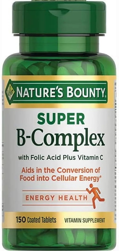 Nature's Bounty Super B-complex with Folic Acid Plus ויטמין C, 300 טבליות (2 X 150 ספירה בקבוקים)