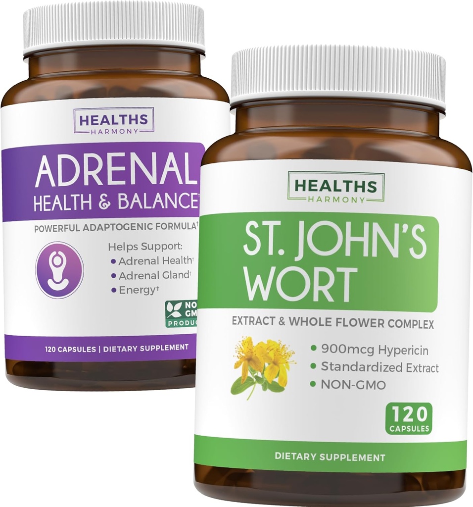Adrenal & St. John's Wort (4-Month Supply Supply Pack - Adrenal Support with L-Tyrosine (120 קפסולות) & St. John's Wort with Powerfil 900mcg Hypericin 500 מ"ג לקפסולה (120 קפסולות)
