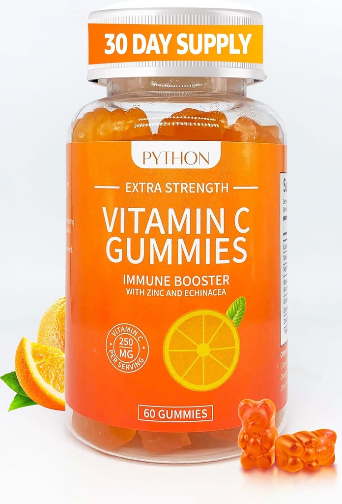 פייתון ויטמין C + Echinacea תוסף עבור Immunity ו- Lung Health, תומך בייצור Collagen, הידרציה העור, חסינות העור ובריאות, 60 גמונים טבעוניים צ'ws למבוגרים וילדים - 1 חודש אספקה
