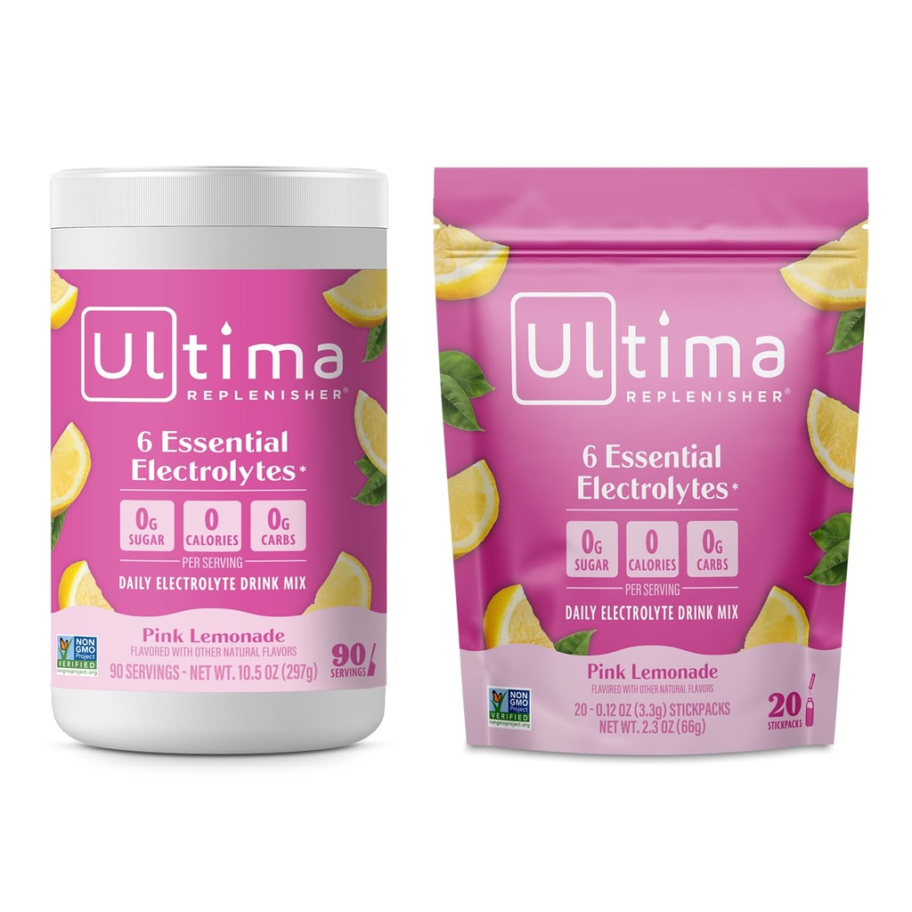 Ultima Replenisher Electrolyte אבקת לשתות Mix Bundle - סוכר חינם - פינק Lemonade, 90 משרת Canister ו 20 Stickpacks - 6 אלקטרוליטים ומינרלים - Keto Friendly, טבעוני, non-GMO