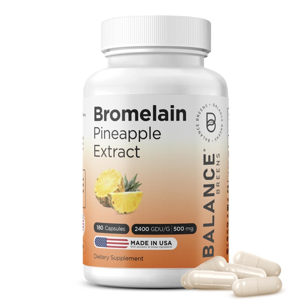 Balancebreens Bromelain 500 מ"ג כמוסות - 2400 GDU Pineapple תוספת לתמיכה משותפת, תמיכה טבעית Swelling, ותזונה בריאה - 180 קפסולות שנעשו בארה"ב