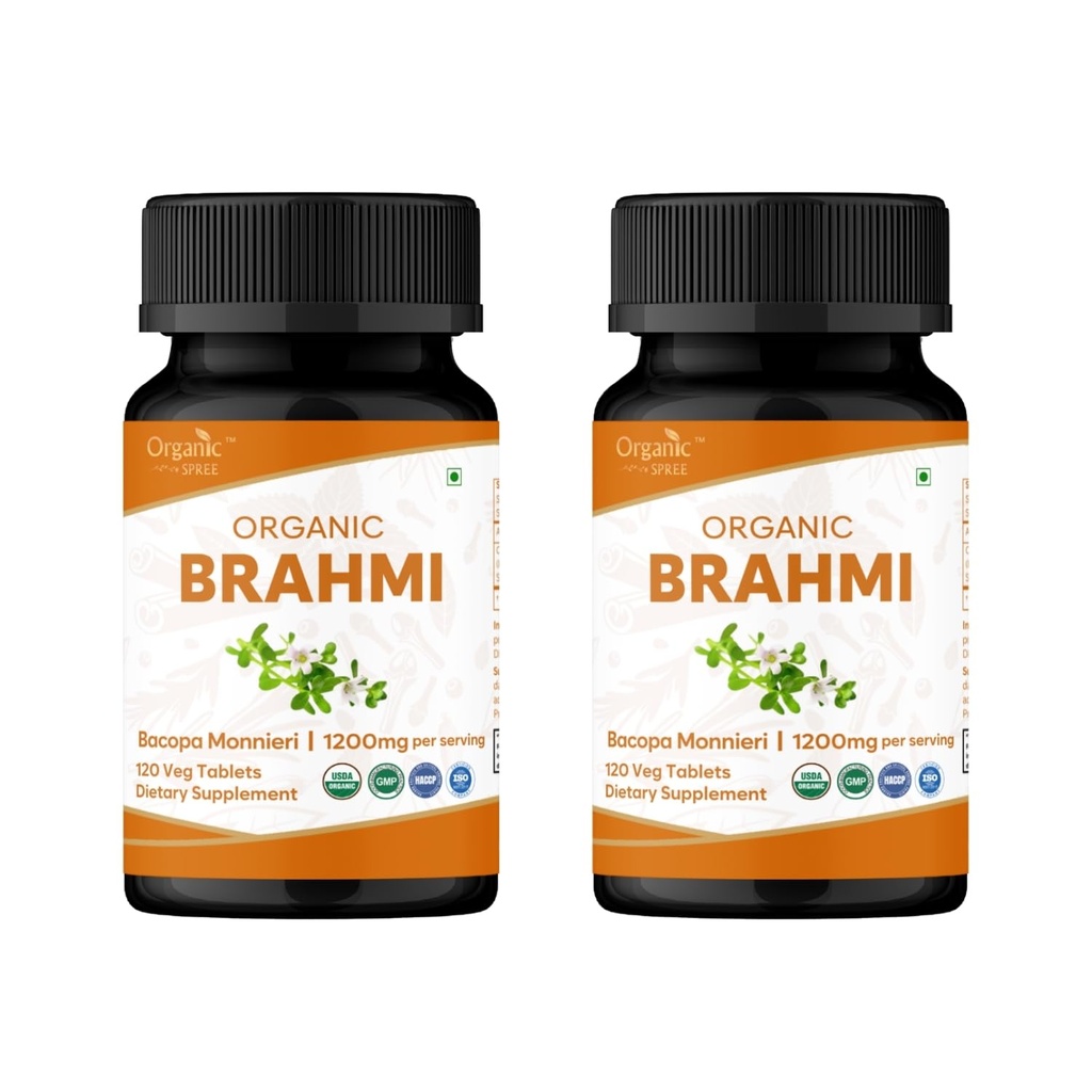 ברהאמי 120 טבליות - USDA אורגני Bacopa Monnieri תוספת - תמיכה פוקוס, Calm & Memory - Herbal Nootropic * - חבילה של 2